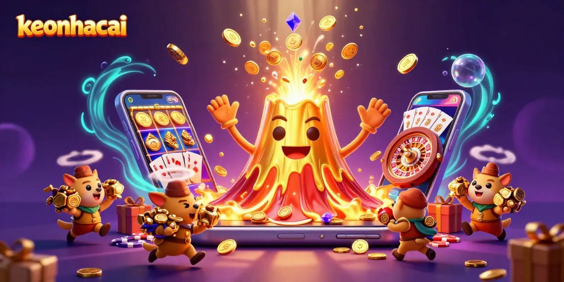 Experience thrilling wins with keonhacai as a golden volcano erupts riches in this dynamic casino scene.
