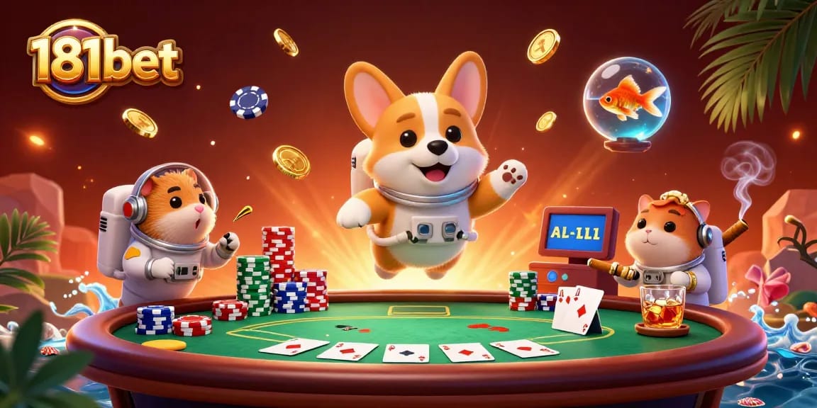 Experience thrilling gameplay at 181bet with poker chips and coins floating in a dynamic casino scene.