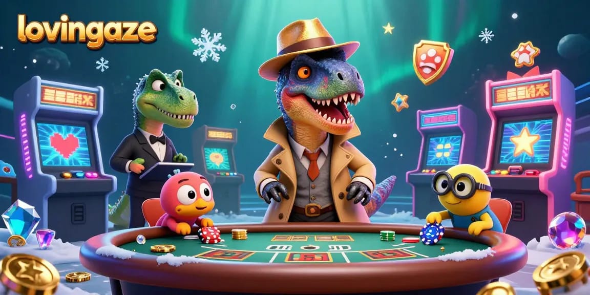 lovingaze gaming illustration showcasing a velociraptor card counter and casino elements for an engaging experience