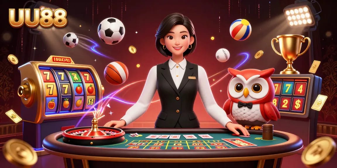 Engage in thrilling gameplay with UU88's vibrant casino dealers and dynamic sports elements.