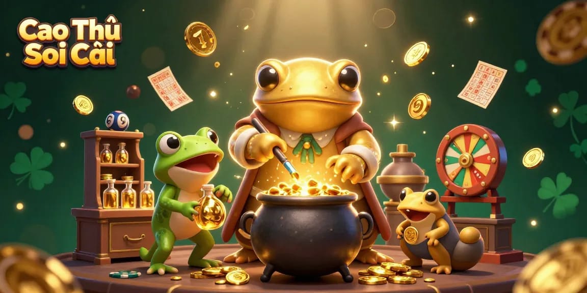 Cao Thủ Soi Cầu showcases an animated illustration of a golden salamander alchemist with lottery elements.