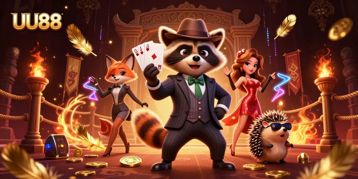 Experience gaming excitement with UU88 featuring a raccoon in a suit and royal flush hand.