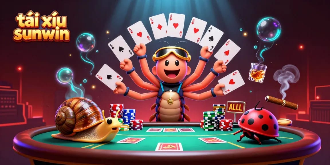 Experience tài xỉu sunwin at a bustling poker scene with vibrant characters and game elements.