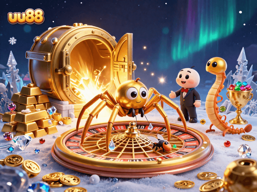 Experience thrilling bets at uu88 with a golden spider and gem-filled casino web illustration.