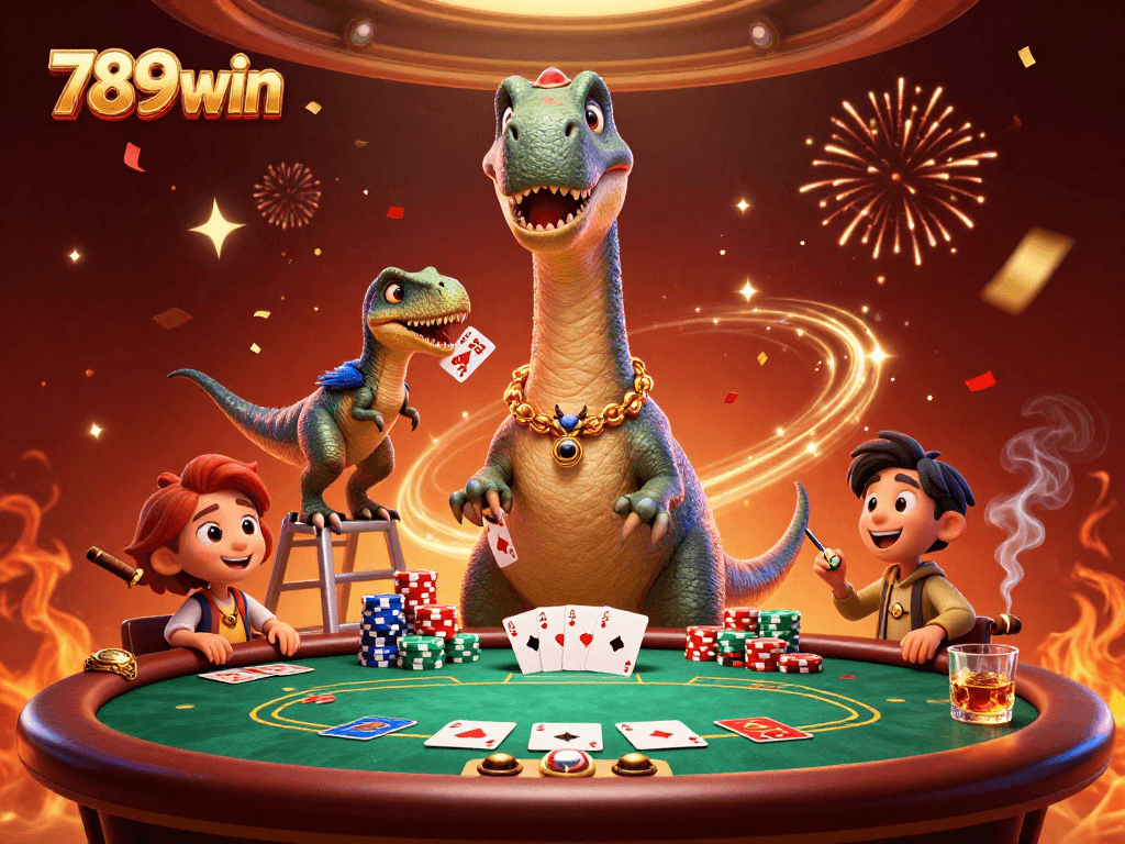 Engage in thrilling games at 789win, where a cartoon brontosaurus oversees a vibrant poker scene.