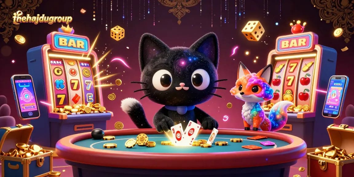 Thehajdugroup showcases a cosmic casino illustration featuring a black hole cat and a nebula fox, engaging with flying lucky 7s, jackpot slot machines, and chaotic game elements.