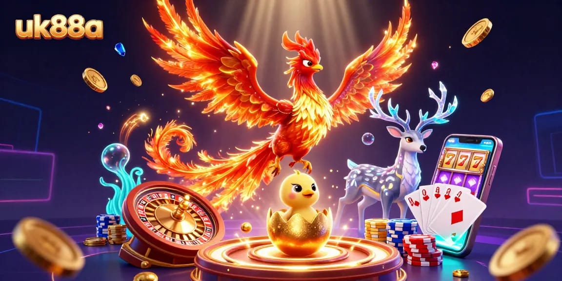 Experience the thrilling excitement of gaming with uk88a's vibrant casino scene, featuring a phoenix and dynamic elements.