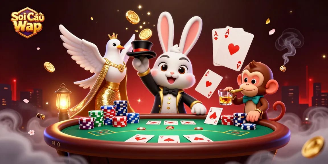 Soi Cầu Wap showcases a 3D magician rabbit, dove, and monkey amongst vibrant casino elements