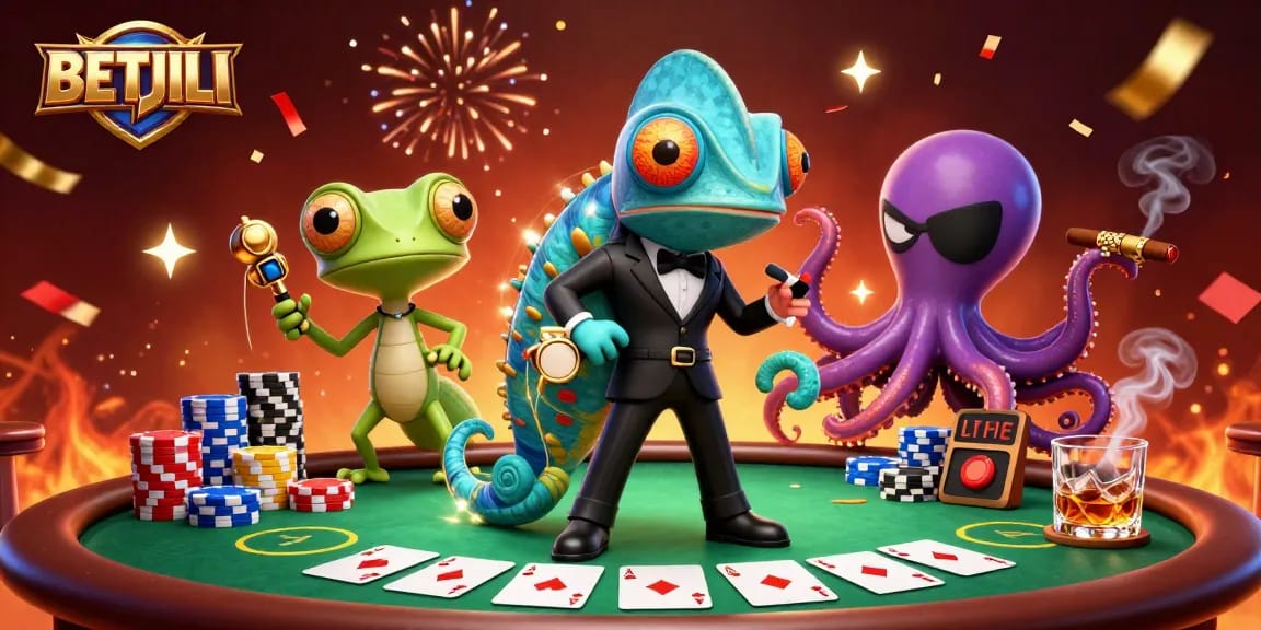 Experience dynamic gambling action with BETJILI's casino game elements and characters in a vibrant scene.