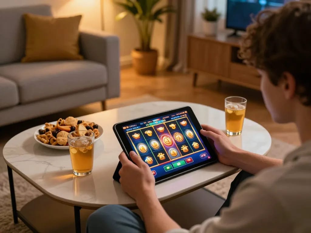 Engaging in nổ hũ online slots from home, showcasing the vibrant gaming atmosphere and tablet interface.