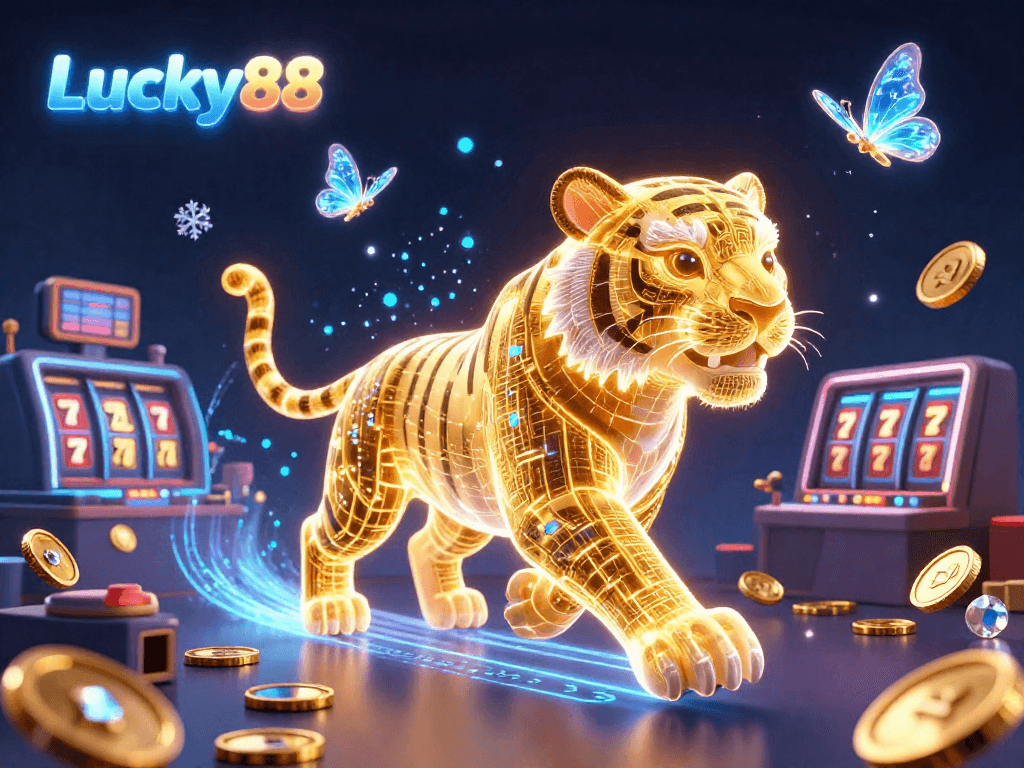Experience Lucky88's vibrant casino atmosphere with a golden tiger and dynamic game elements.