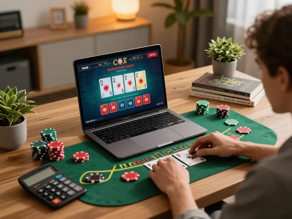 Player enjoying live dealer blackjack on 8K8 platform in cozy, inviting home office.