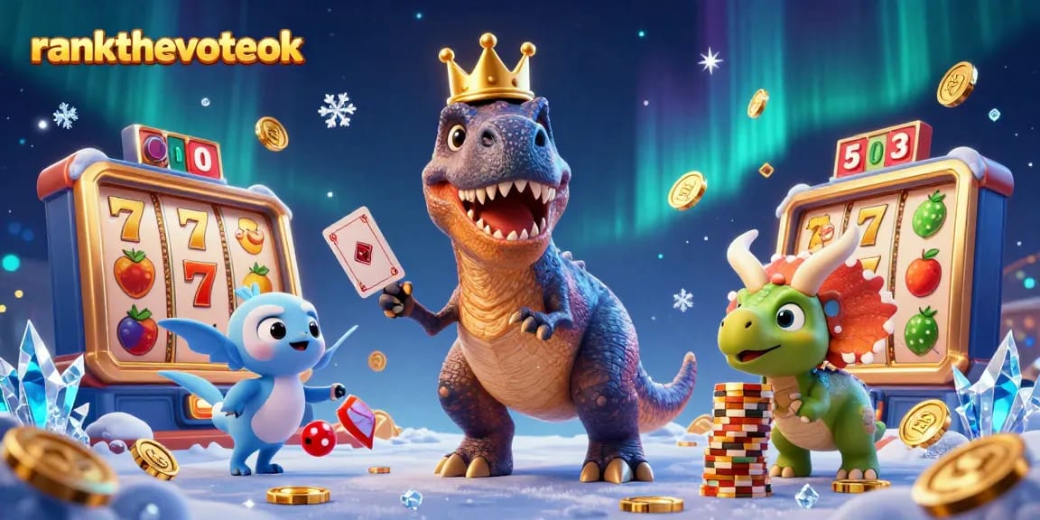 Engage with rankthevoteok's vivid 3D casino scene featuring playful dinosaur characters and immersive gaming elements.