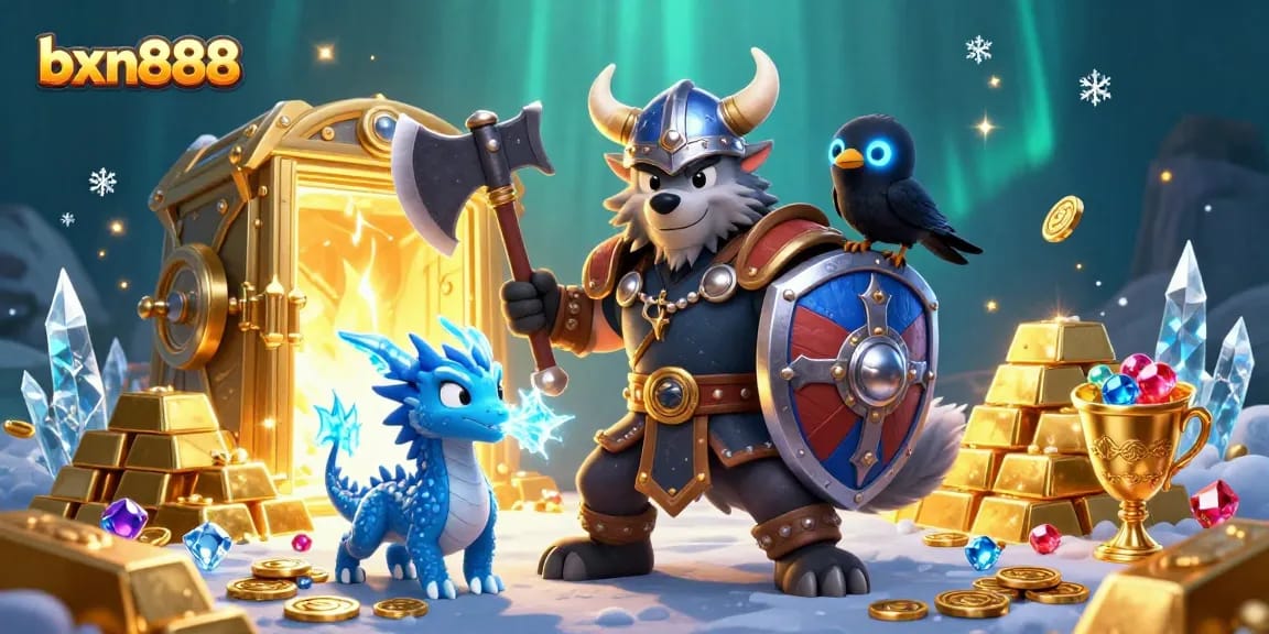 Experience the thrill of bxn888 with an epic 3D scene combining Viking elements and casino treasures