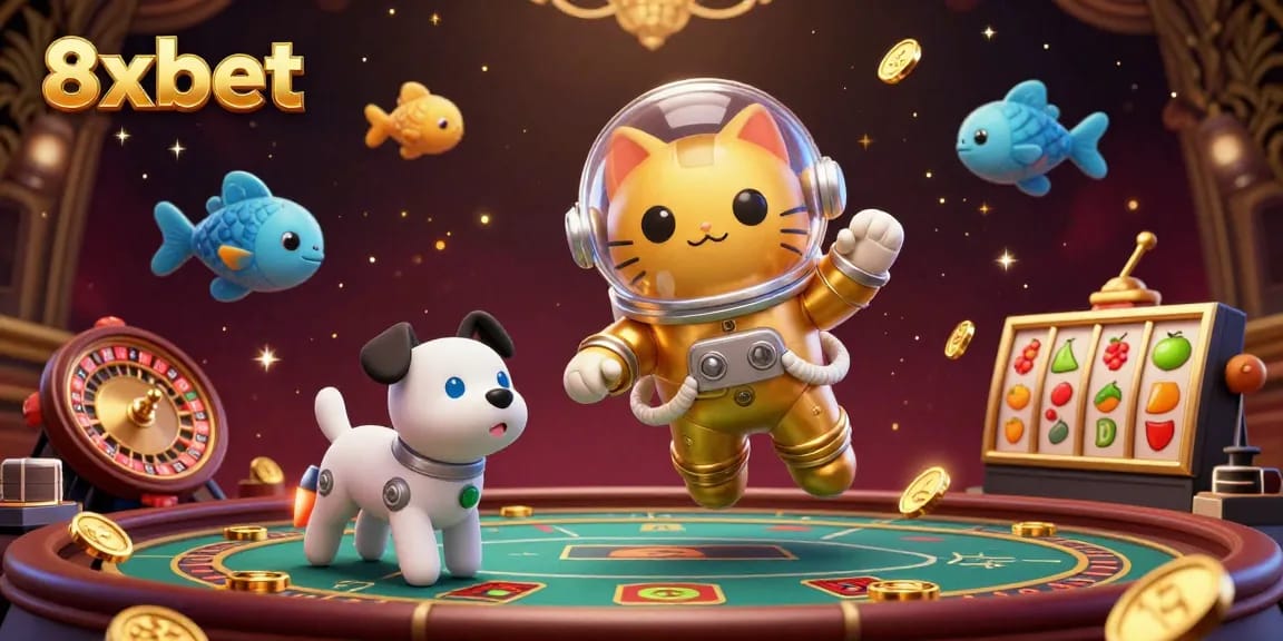Experience the thrill of 8xbet with a dynamic casino scene featuring an astronaut cat and robot dog.