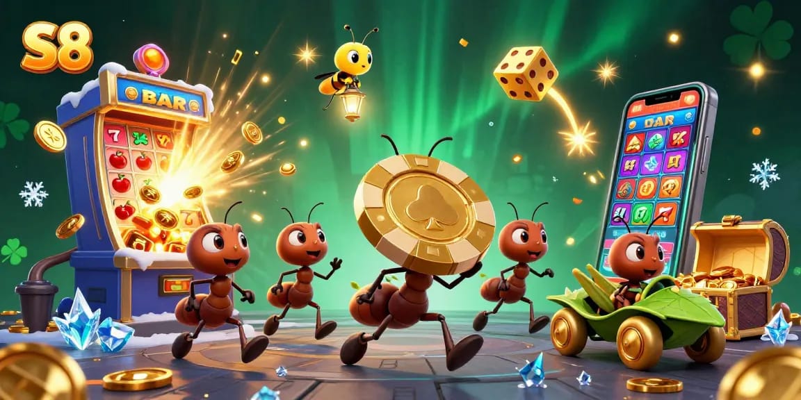 S8 players winning big with cartoon ants carrying a giant poker chip amidst casino treasures.