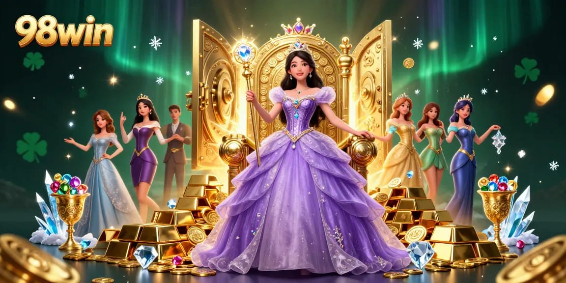 Experience the glamour of 98win's world with stunning jewels, golden treasures, and a regal ambiance.