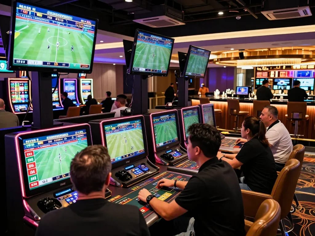 Football betting excitement in a modern casino displaying max 79 screens and engaged patrons.