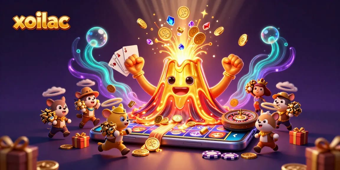 Play vibrant slot games with xoilac's golden volcano overflowing with treasures and unique gaming elements.