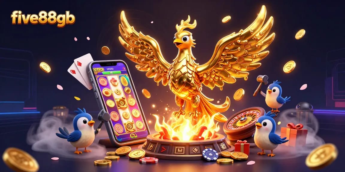 Experience thrilling gameplay at five88gb featuring a stunning golden phoenix and vibrant slot games.