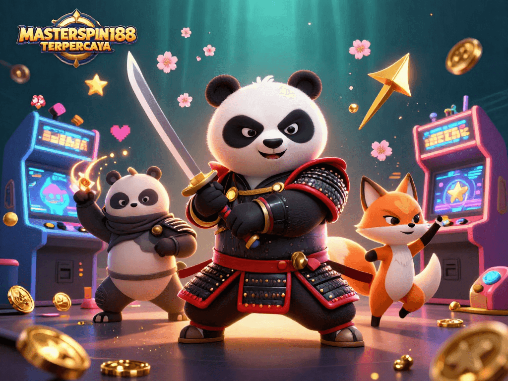 Experience the thrill of MASTERSPIN188 TERPERCAYA with vibrant 3D character action in a casino-themed illustration.
