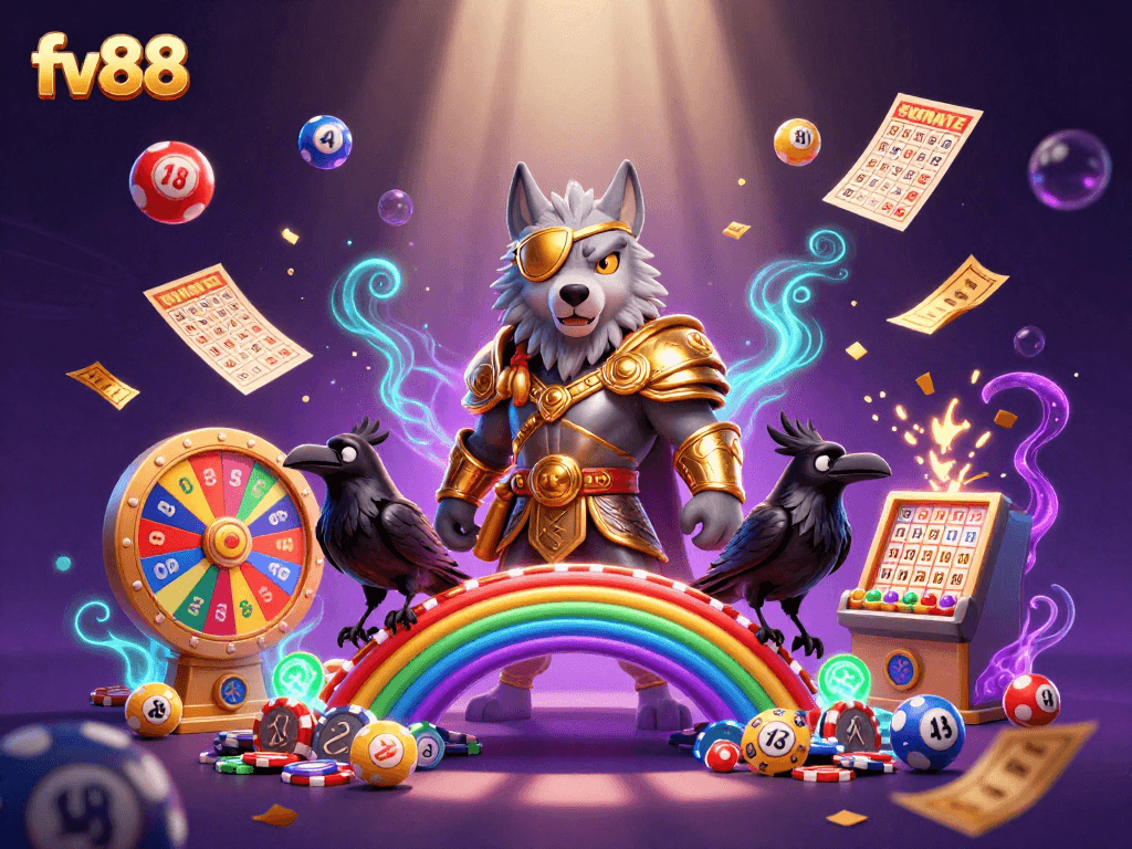 Play lottery and win big with fv88 in a vibrant 3D casino illustration.