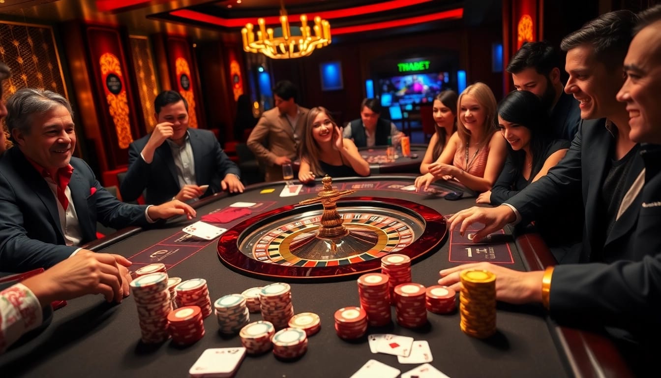 Players enjoy a thrilling game at the THABET casino table with vibrant poker chips and cards.