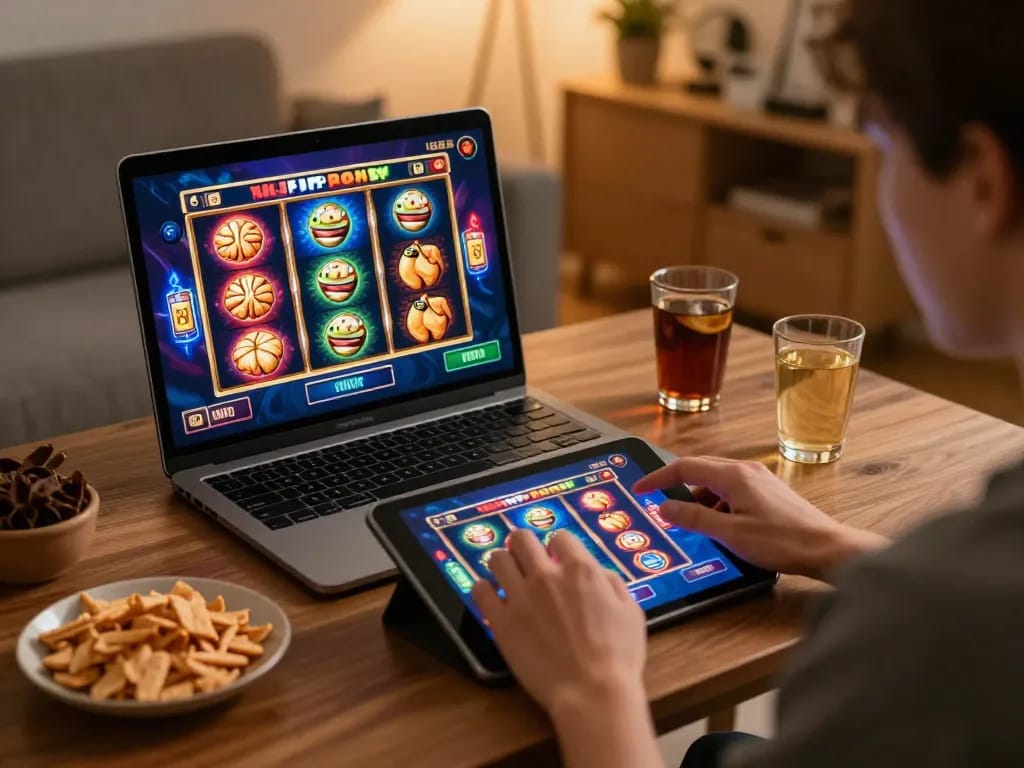 Player enjoying Jaya9 slots on a tablet in a cozy home environment with warm lighting.