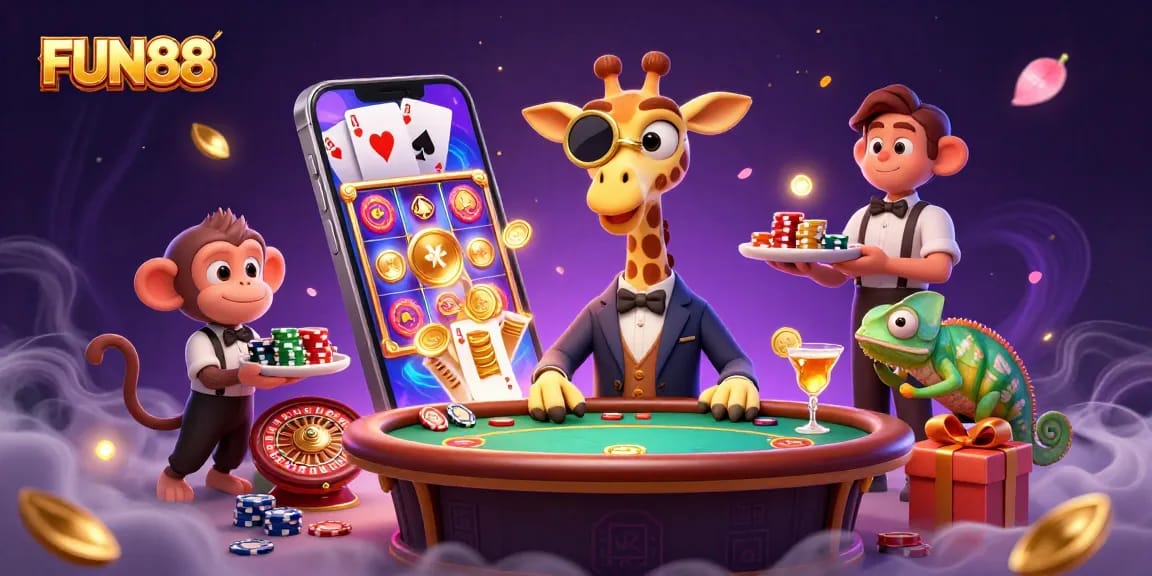 Experience excitement at FUN88 with a vibrant illustration of a high-roller giraffe and lively casino elements.