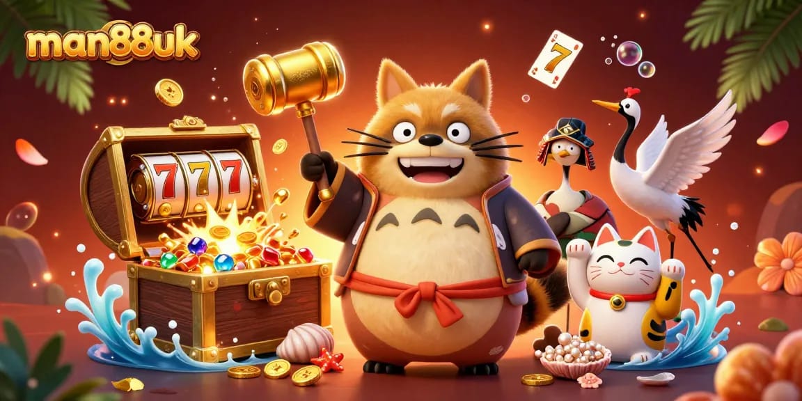 Experience the excitement at man88uk's vibrant casino scene with a lucky tanuki and fortune cats amidst treasures.