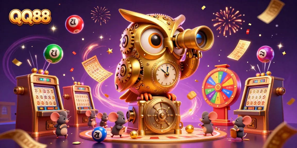 Experience QQ88 casino fun with a dynamic, festive illustration showcasing exciting games and prizes.