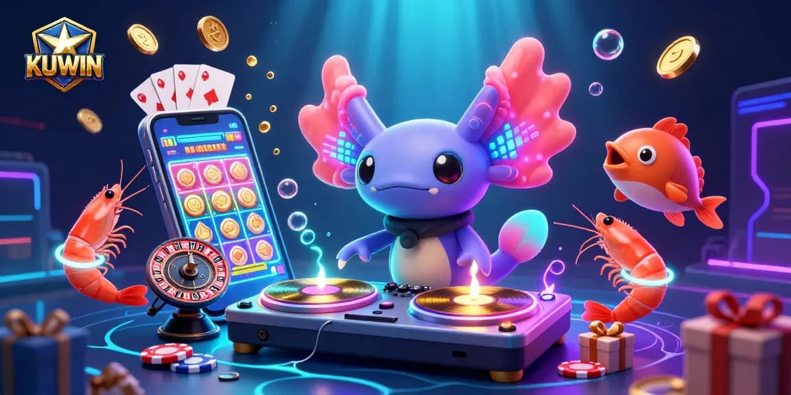 Kuwin enhances engagement with a vibrant 3D illustration of colorful axolotl DJ and gaming elements.