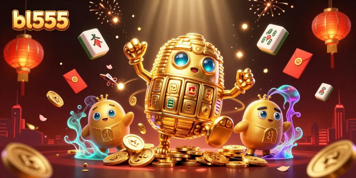 Spin the reels and ignite jackpots at bl555, featuring a golden golem amidst vibrant casino elements.