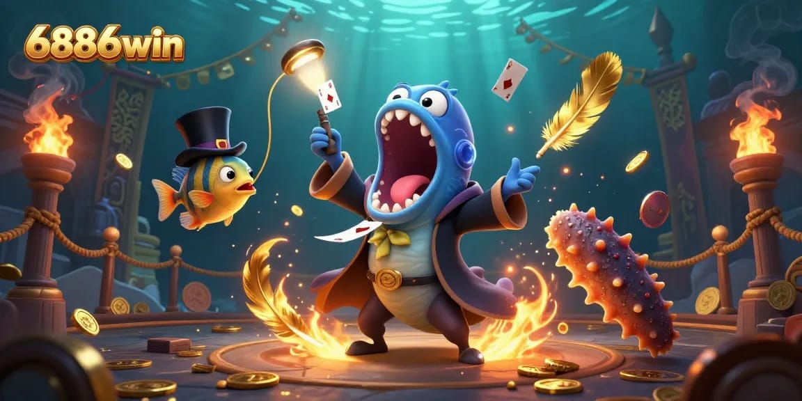 Engage in thrilling gameplay with 6886win's vibrant underwater casino scene featuring dynamic characters.