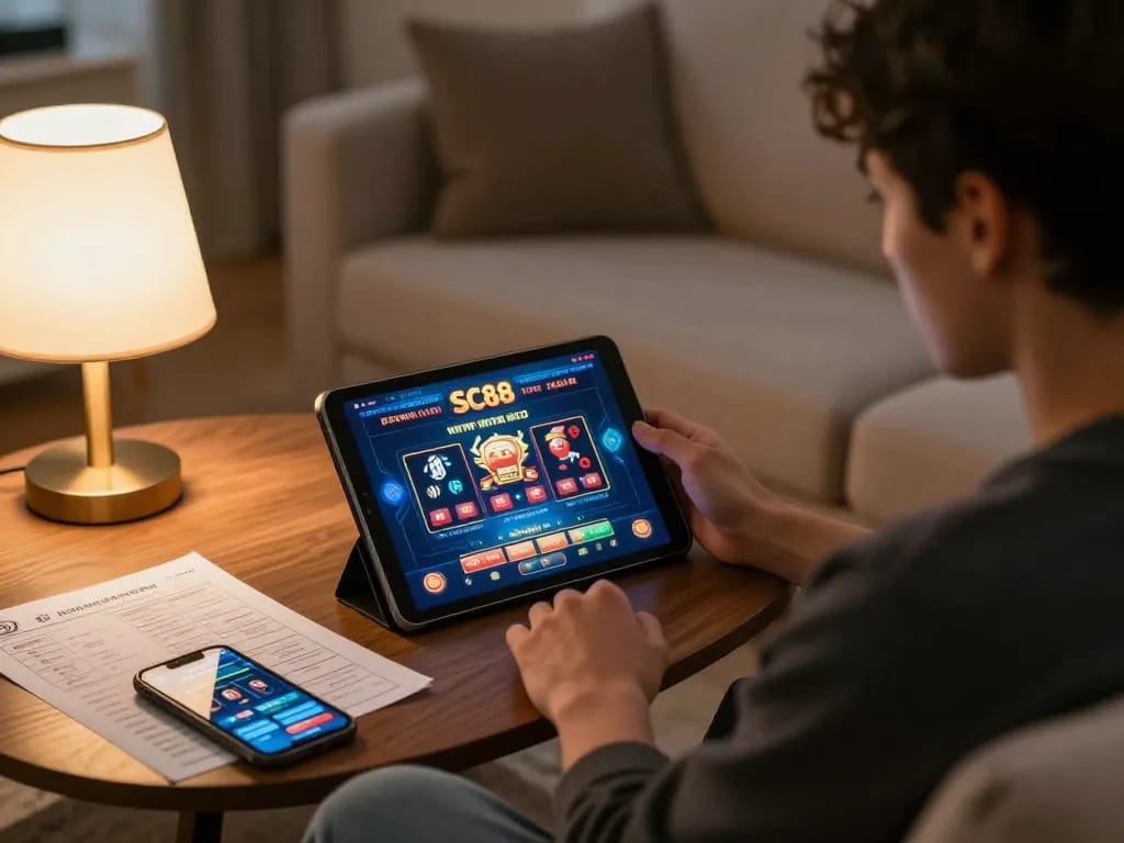 Engaging with SC88 online gambling on a tablet in a cozy home setting, surrounded by strategic notes and betting tools.