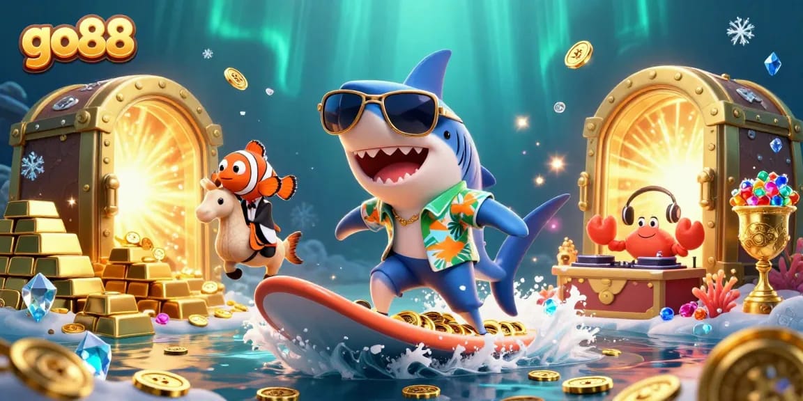 Experience the thrill at go88 with this vibrant underwater casino-themed illustration full of action.