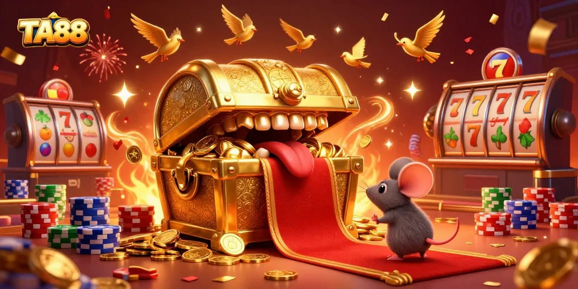 TA88 offers an exciting scene with adventurer mice drawn to a treasure chest filled with casino riches.