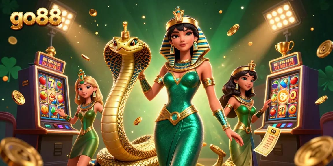 Join the thrilling action at go88 with a captivating slot scene featuring dynamic symbols and sparkling elements.