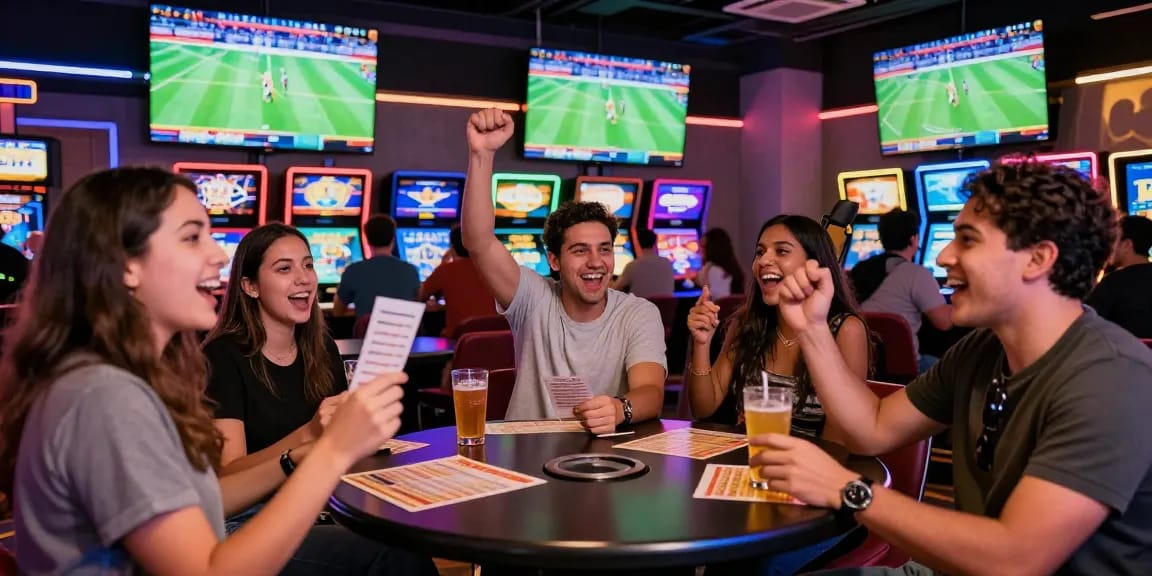 Excited friends engaging in live sports betting at https://www.paraguay-melbet.com/ in a vibrant casino setting.