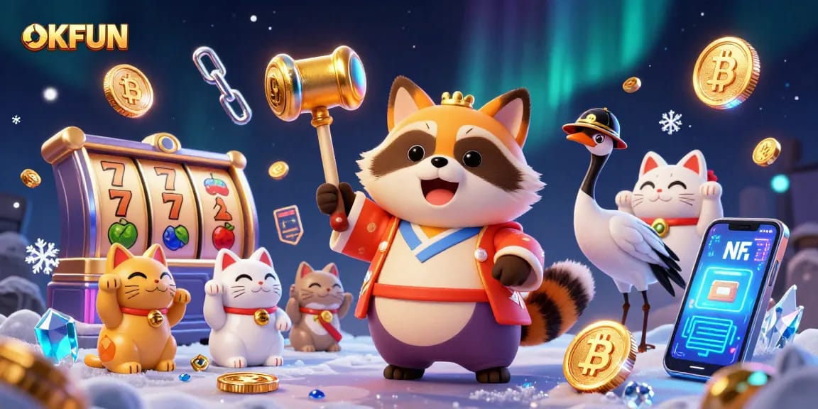 Win big at OKFUN with vibrant characters celebrating lucky slots and cryptocurrency elements.