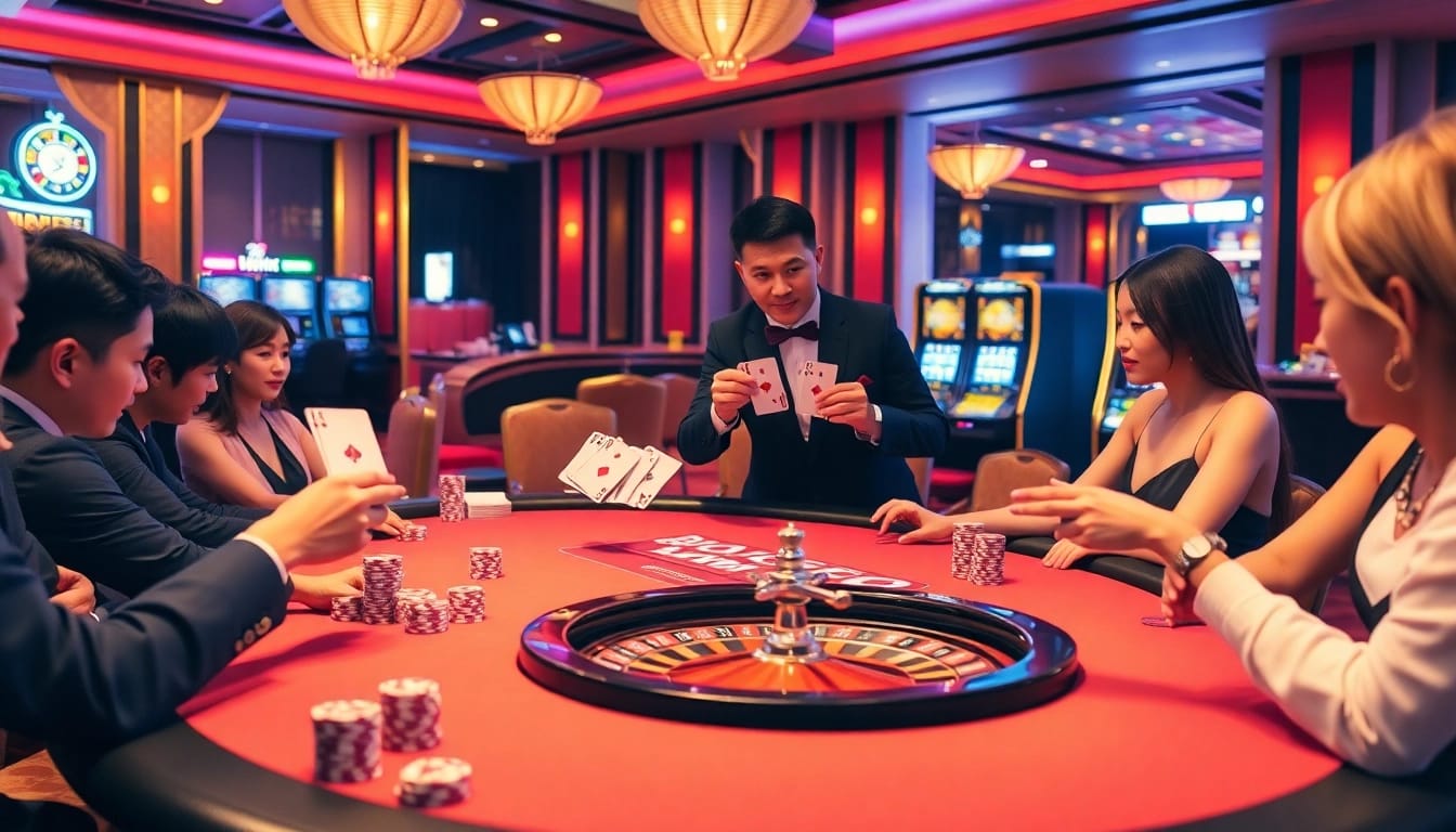 Players enjoying a strategic game at the luxurious CM8888 blackjack table in a vibrant casino.