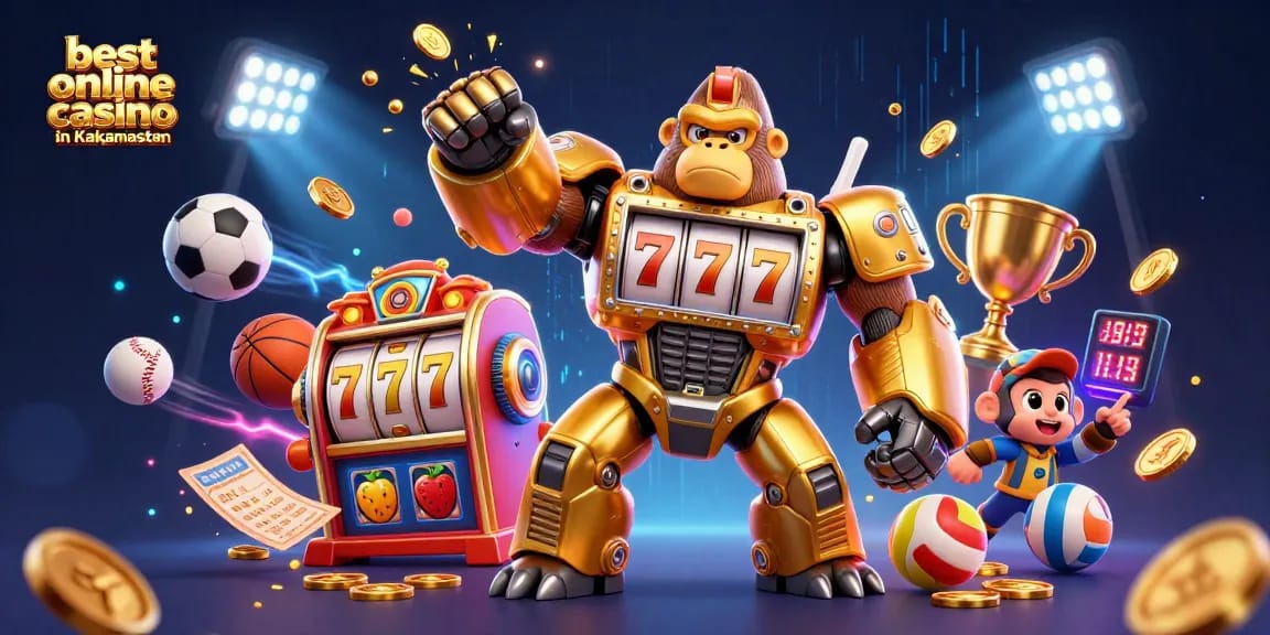 Experience the excitement at the best online casino in Kazakhstan with a dynamic display of gaming and sports elements.
