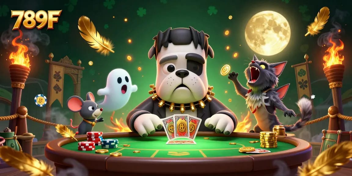 Experience thrilling gameplay at 789F with a lively scene featuring a Frankenstein bulldog and more in a vibrant casino.