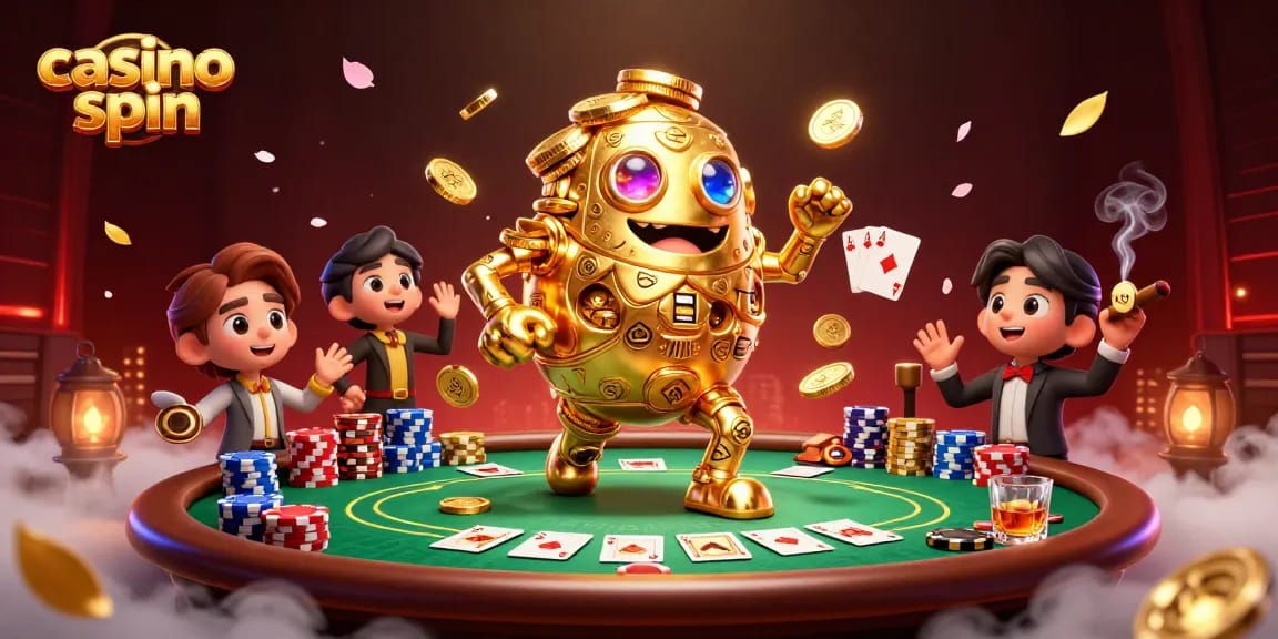 Engage in casino spin with dynamic 3D artwork showcasing golden golem and poker elements.