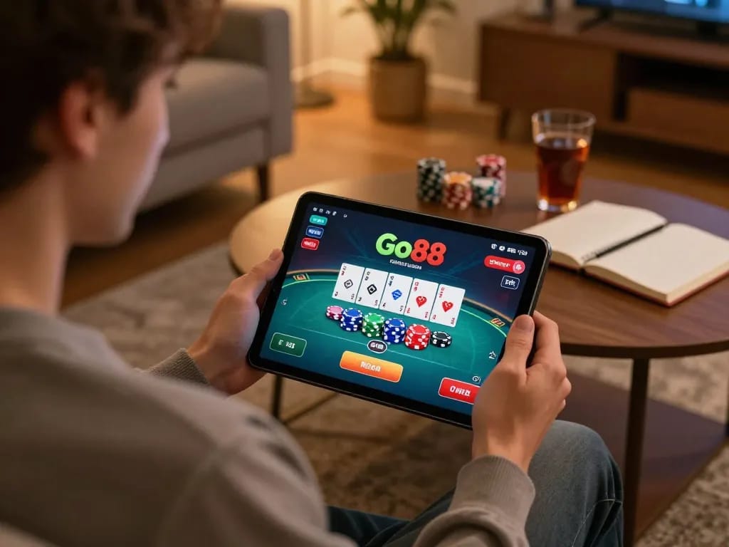 Engaged player using Go88 on tablet for online poker game in a cozy living room setup.