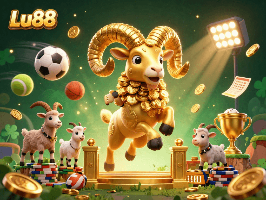 Experience winning at Lu88 with a vibrant 3D digital scene filled with golden rewards and dynamic sports elements.