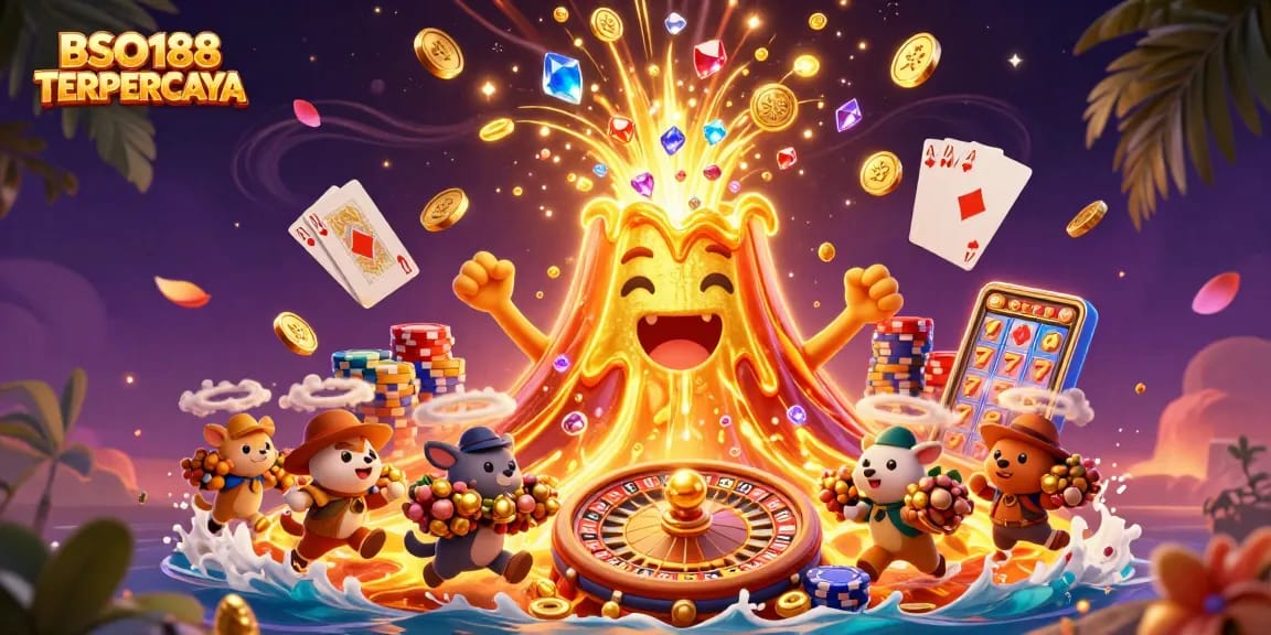 Experience the thrill of BSO188 TERPERCAYA with a vibrant 3D casino eruption, riches, and adventure!