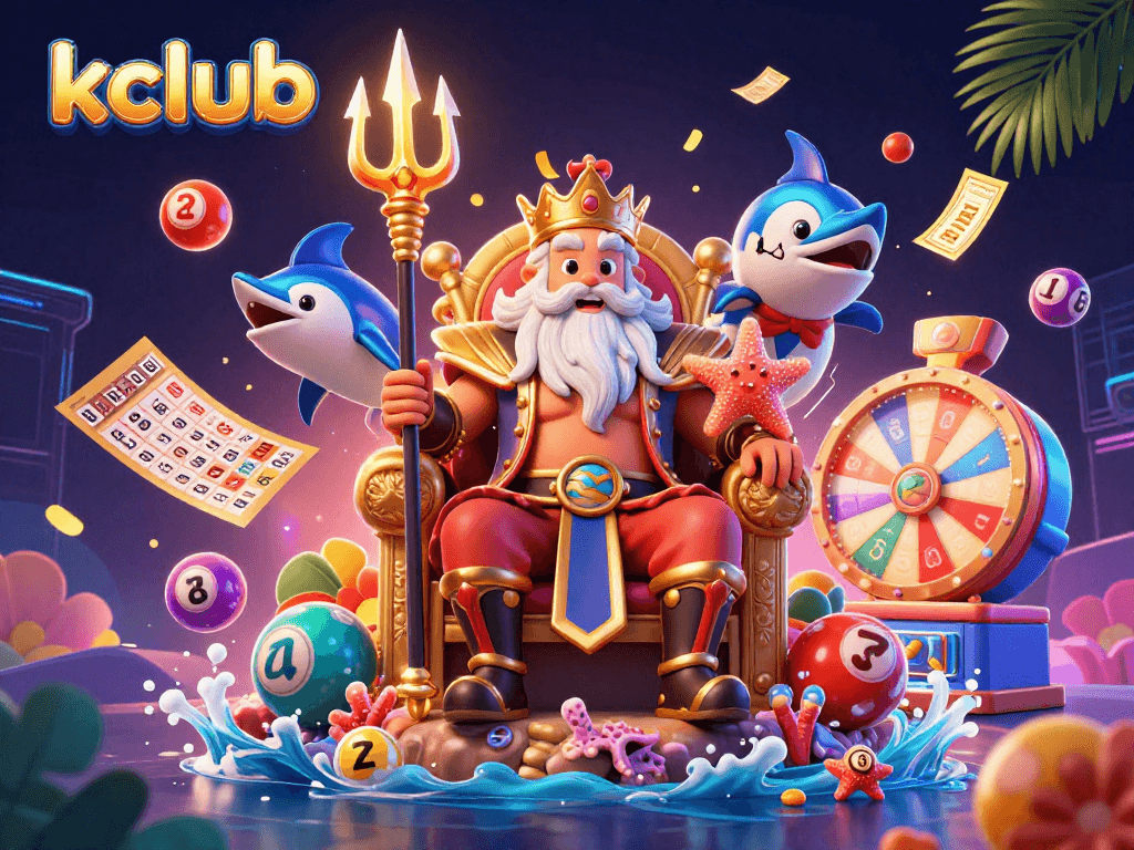 Kclub's vibrant 3D illustration showcases Neptune and a samurai interacting with colorful game elements in a casino environment.