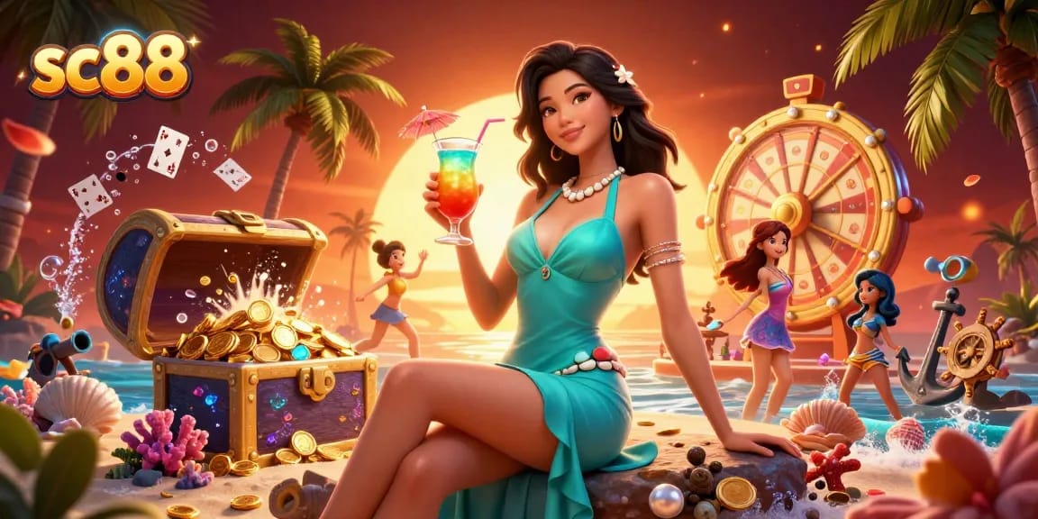 Engage with the electrifying world of sc88, featuring a glamorous tropical casino setting with vibrant elements and energy.