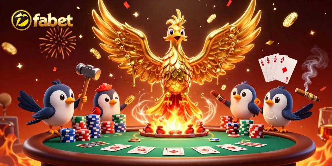 Witness fabet's golden phoenix emerging with riches in a vibrant casino scene